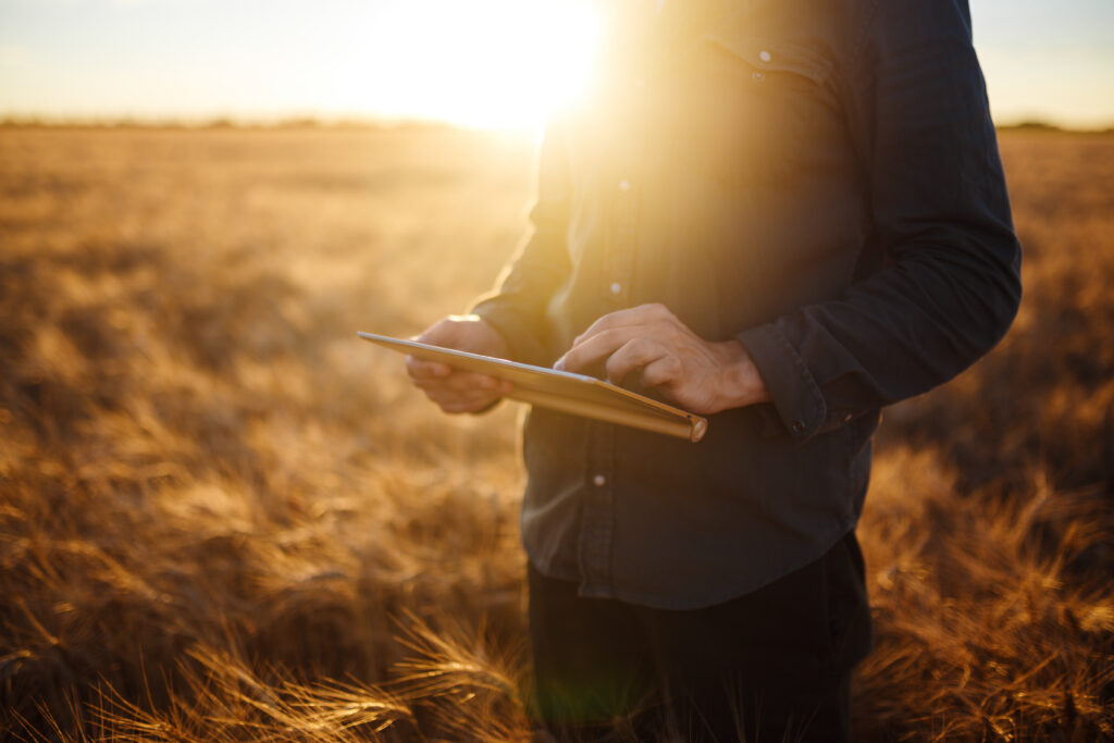 Man using a tablet in a field with the sun rising behind him