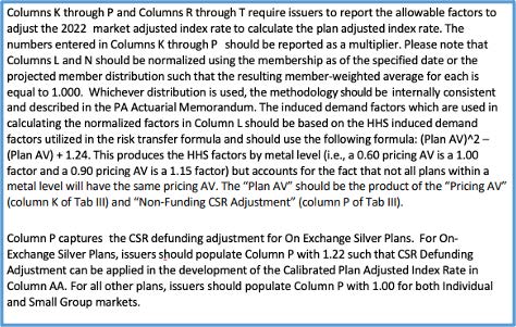 Pennsylvania Department of Insurance instructions to carriers on factors to be addressed in their rate submission