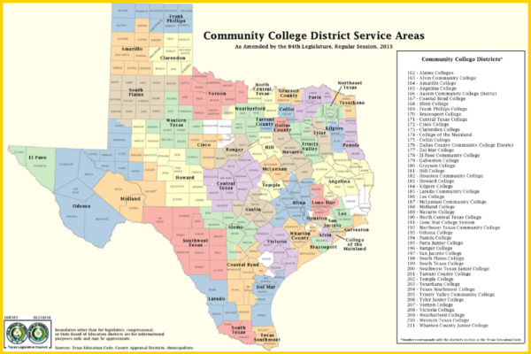 Graphic of Community College District Service Areas map from https://tacc.org/tacc/college-district-maps.