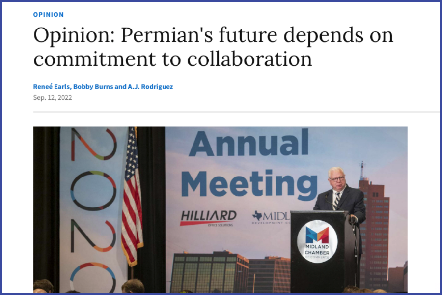 A screen shot of an article from the Midland Reporter-Telegram white the title "Opinion: Permian's future depends on commitment to collaboration" and an image below of the Minland Chamber of Commerce Presiden.