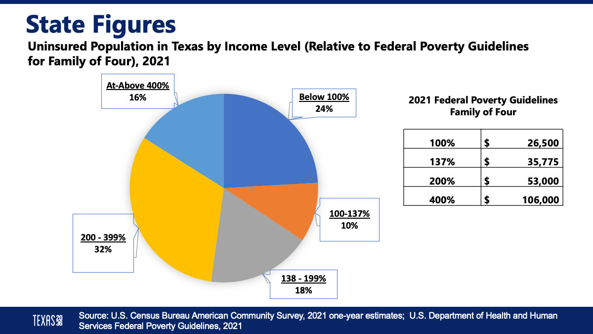 A pie graph depicts "state figures" of the "uninsured population in Texas by income level relative to federal poverty guidelines for a family of four".