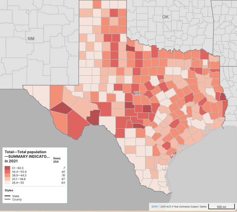 Texas Counties Median Age_USCB ACS