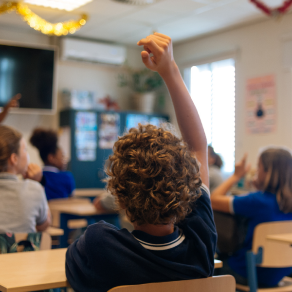 Young boy raises his hand in a classroom.