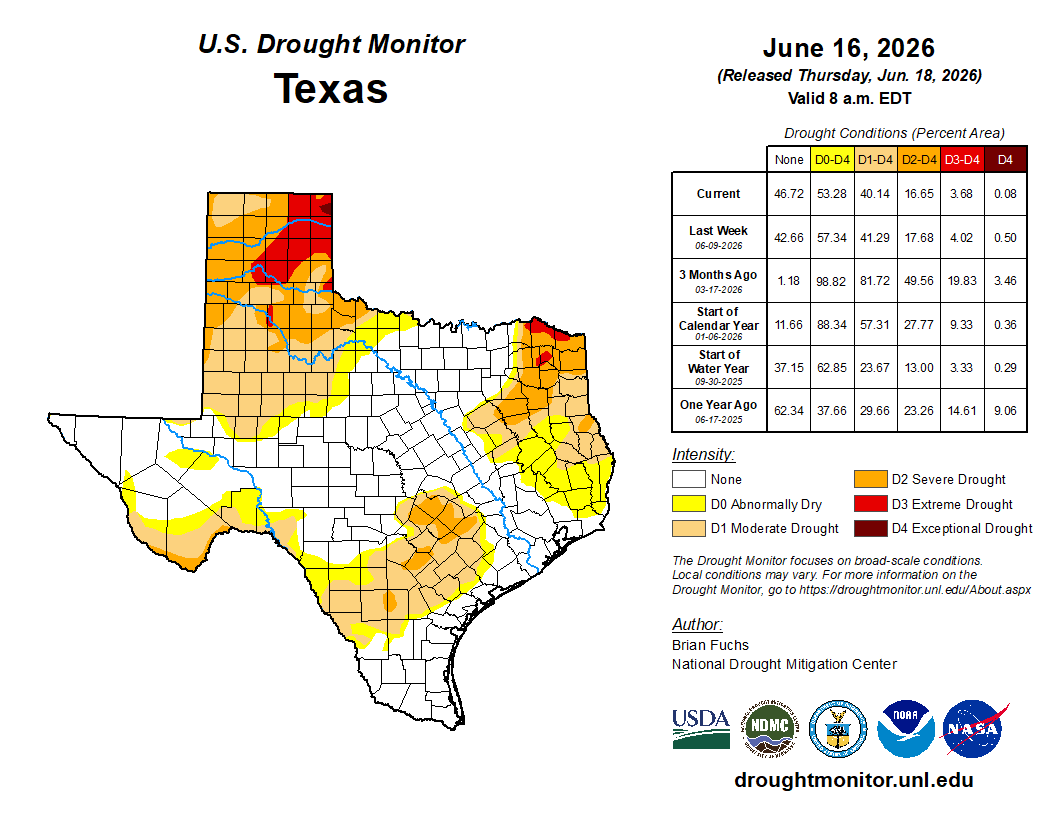 U.S. Drought Monitor Map, Texas on June 16, 2026