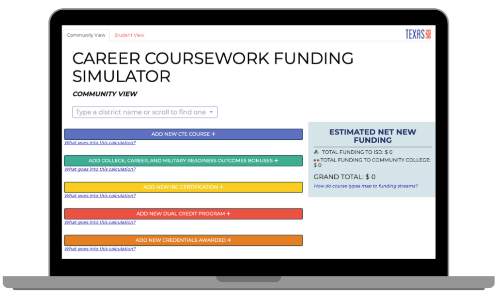 Career Coursework Funding Simulator loaded on a laptop